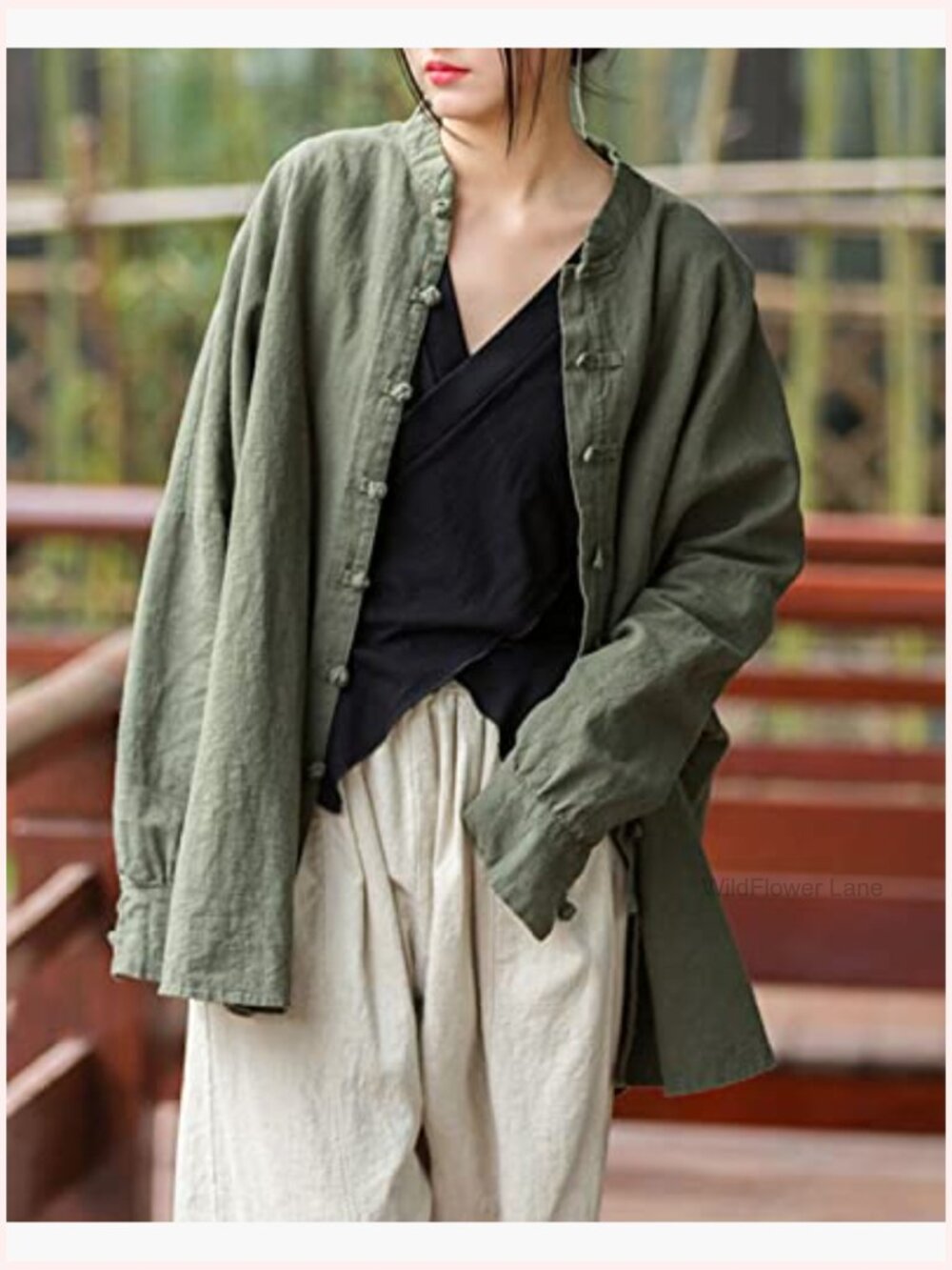 Linen Oversized Blouse Vintage Long Sleeve Chinese Frog Button Jacket Shirt Top - Picture 4 of 7